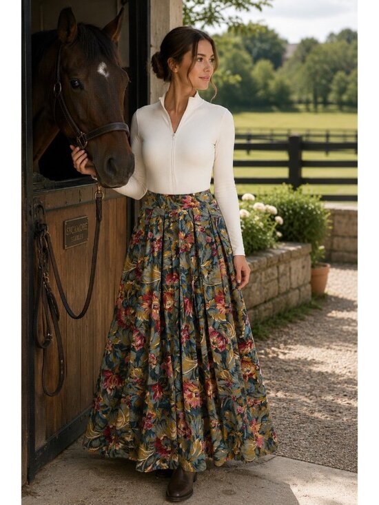 Ruff Hewn Dresses & Skirts - VTG Ruffhewn Sz 8 (24"x 36) Equestrian Floral Maxi Skirt Denim 100% Cotton EUC
